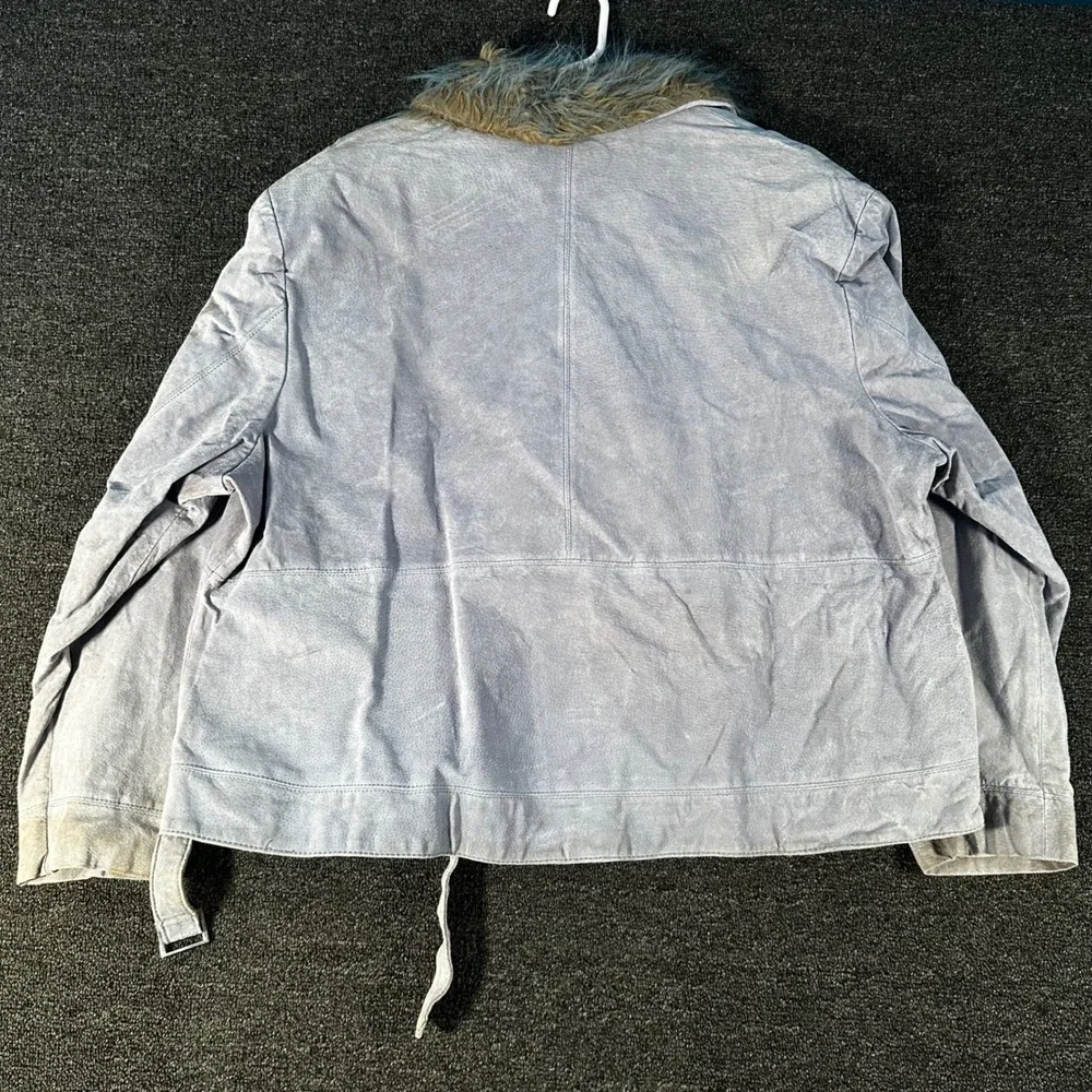 Outbrook Suede Jacket Woman 3X Blue Good Faux Fur Collar Double Breasted Belted
